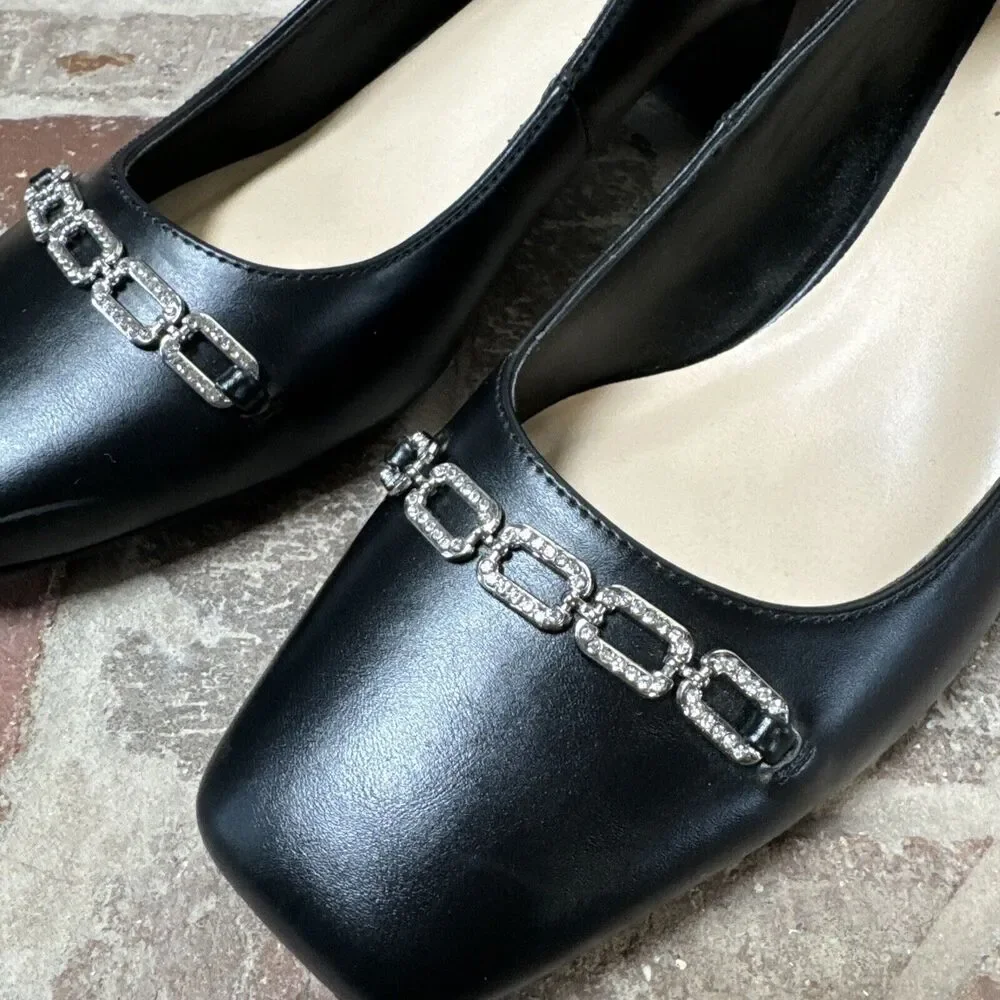 Foot Ha! Womens‎ Chunky Heels Shoes Sz 9.5 Black Slip On Shoe With Embellishing